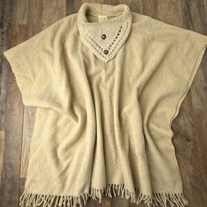 RARE!!! Vintage Wool Poncho‎ Cape Beige Knit Collar Boho Fringe Festival Hippie